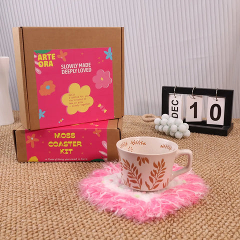 3D moss coaster DIY kit with pink heart, beginner-friendly, perfect for Valentine’s gift and mindful crochet by Arteora